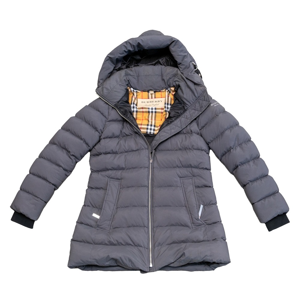 Burberry London Down Puffer Coat Women L Gray Hooded Check Lined Long Jacket